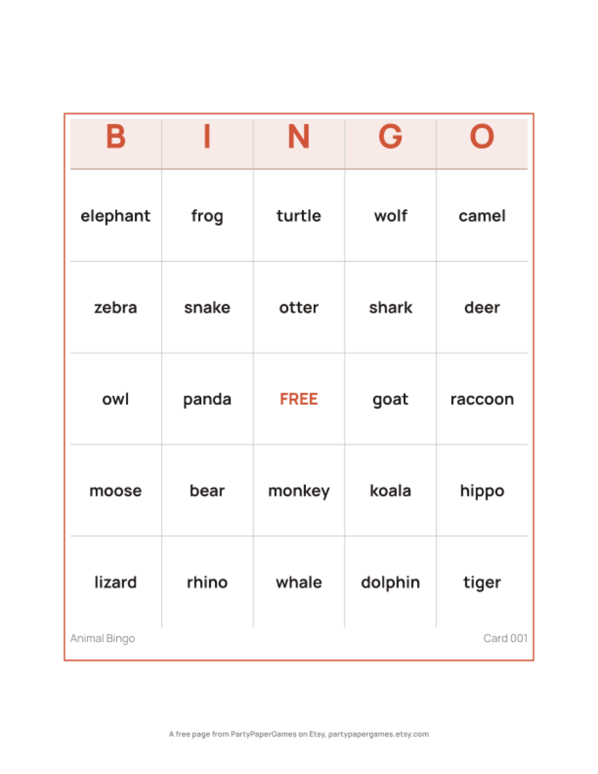 Free Printable Animal Bingo Card, the real page out of the Animal Bingo set