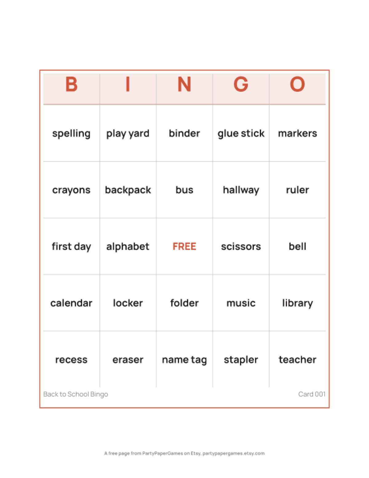 Free Printable Back to School Bingo Card