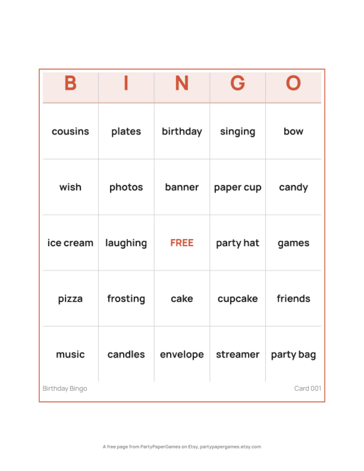 Free Printable Birthday Bingo Card for Kids