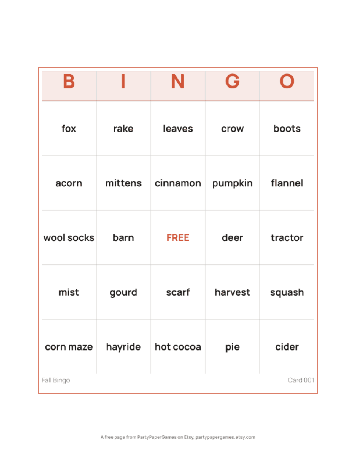 Free Printable Fall Bingo Card