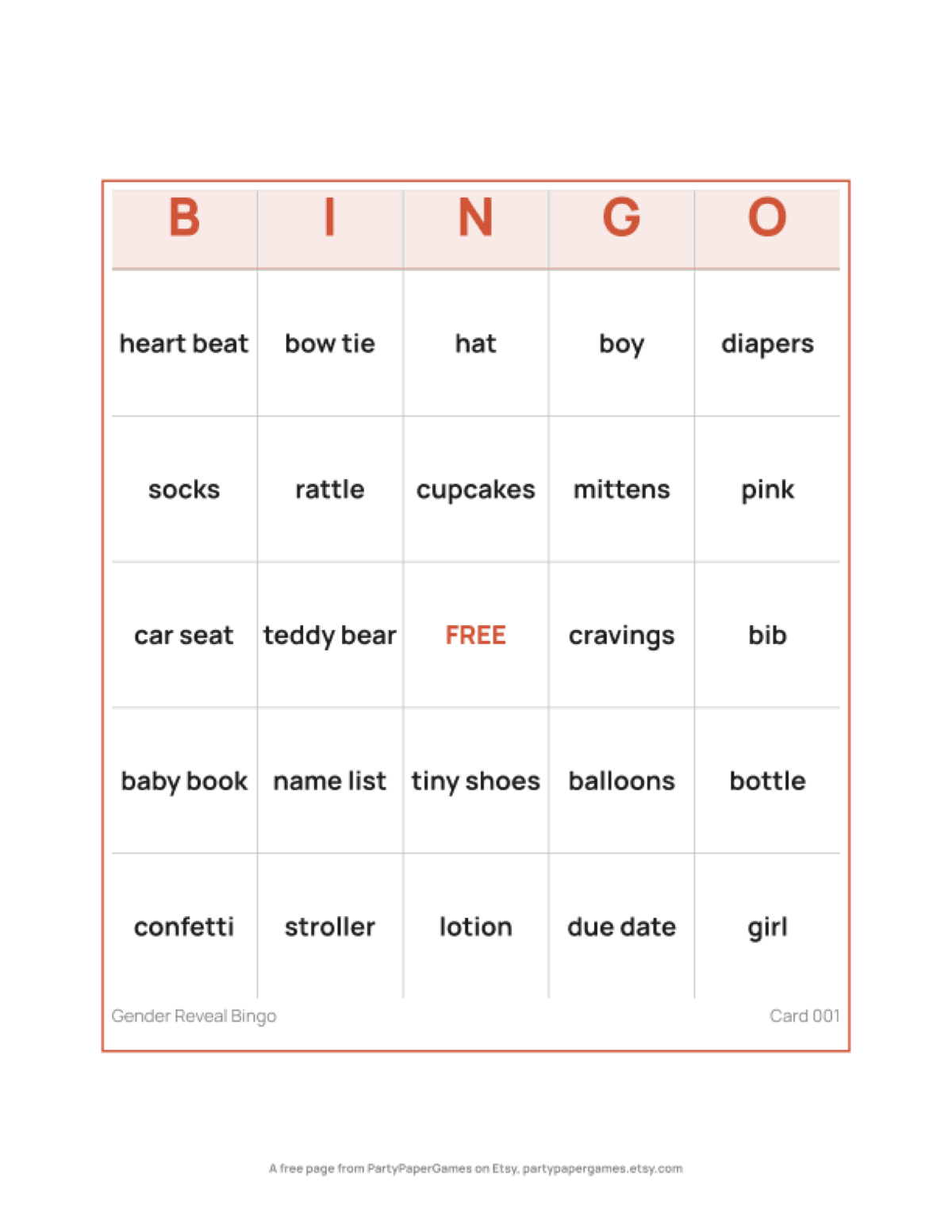 Free Printable Gender Reveal Bingo Card