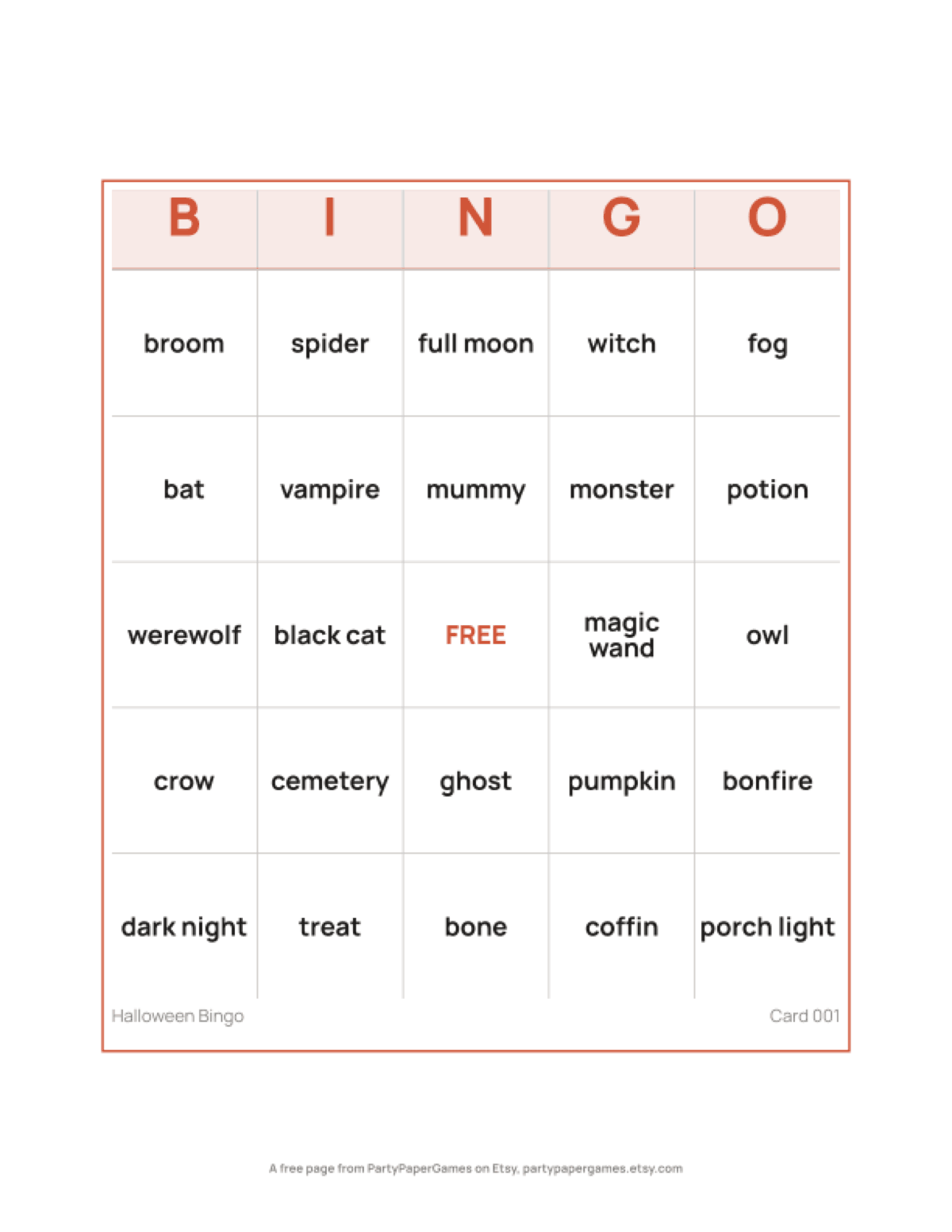 Free Printable Halloween Bingo Card