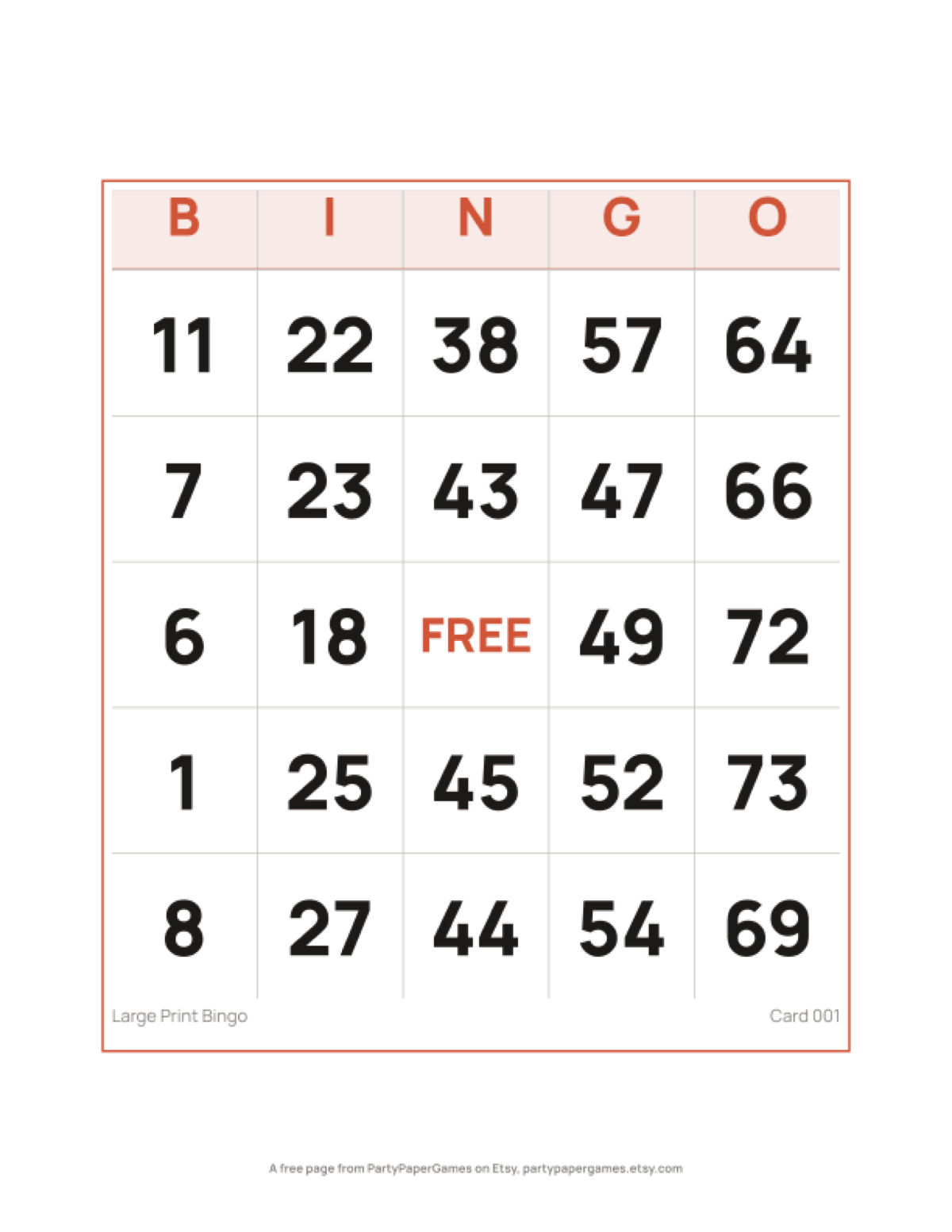 Free Large Print Bingo Card for Seniors