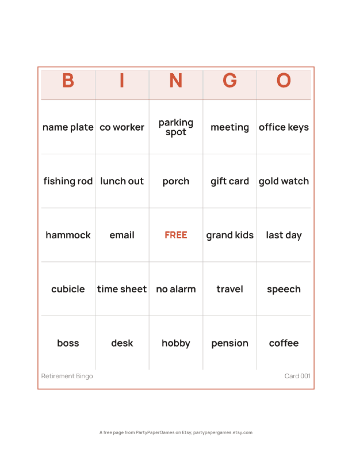 Free Printable Retirement Bingo Card