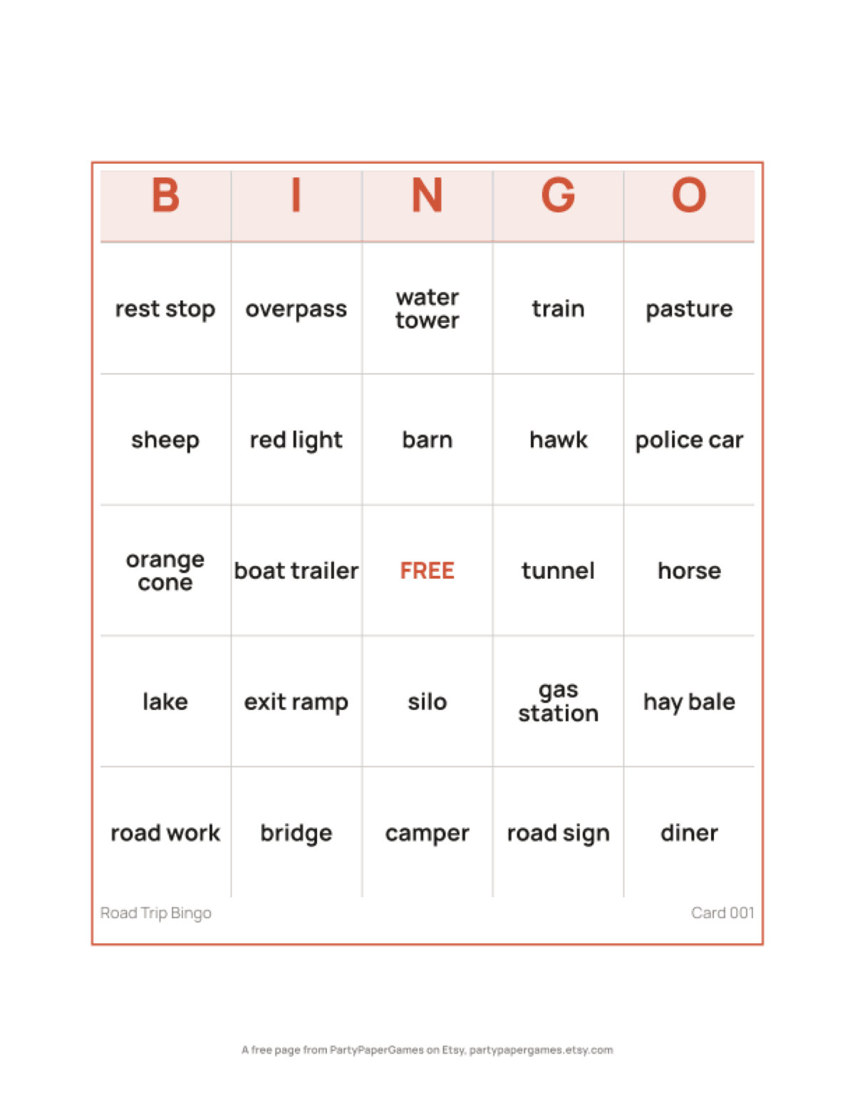 Free Printable Road Trip Bingo Card