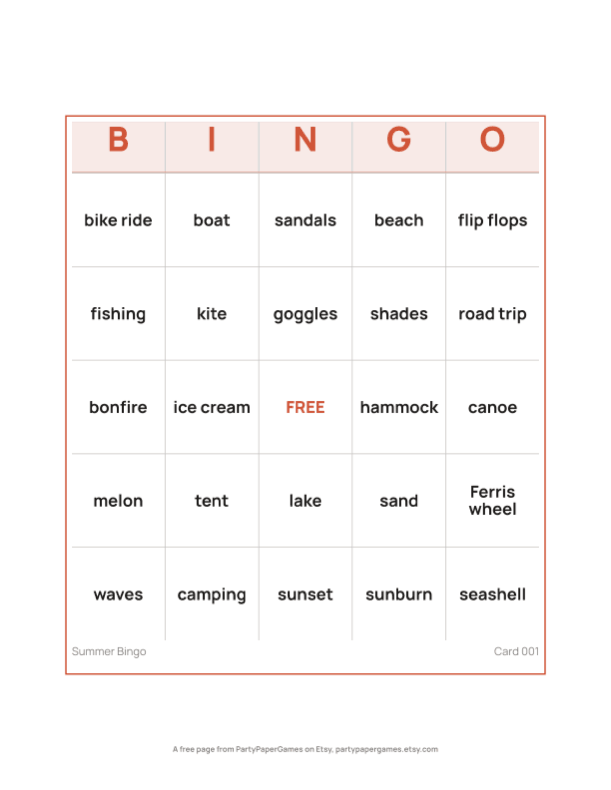 Free Printable Summer Bingo Card, the real page out of the Summer Bingo set