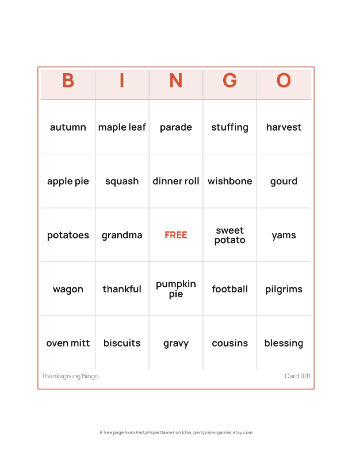 Free Printable Thanksgiving Bingo Card