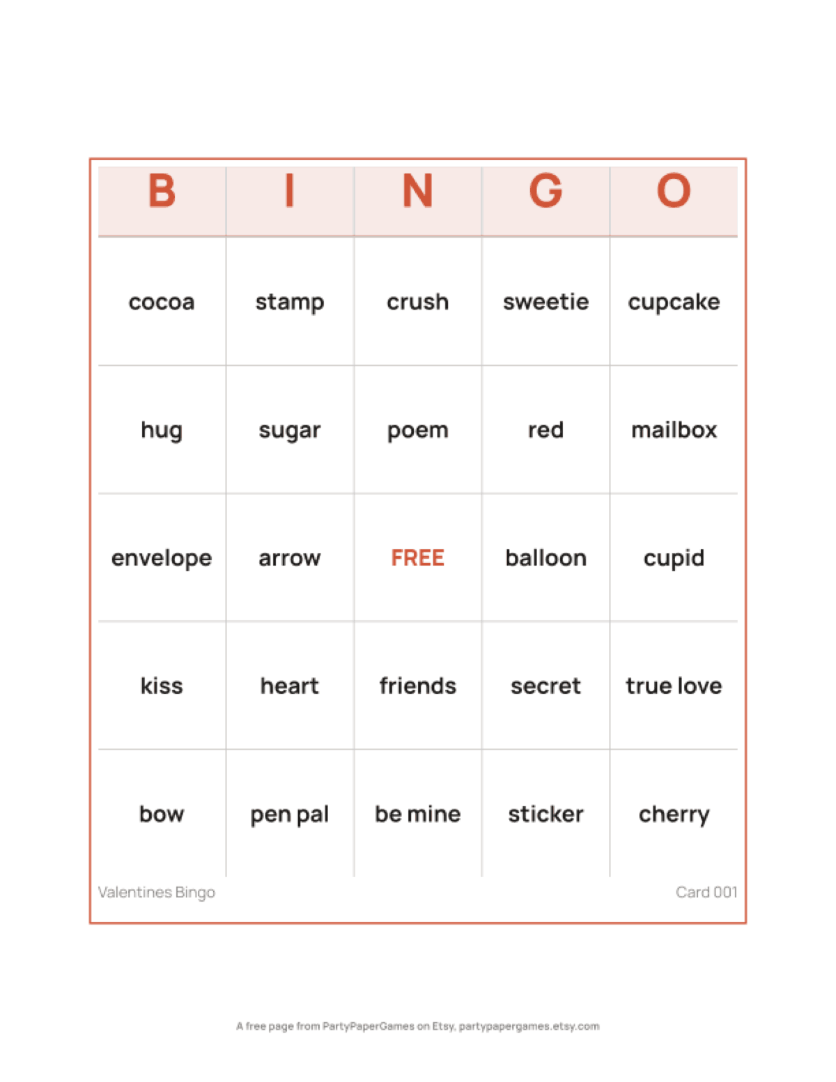 Free Printable Valentine Bingo Card