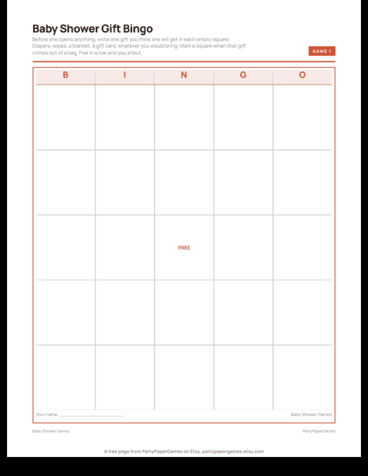 Free Printable Baby Shower Gift Bingo Card, the real page out of the Baby Shower Games set