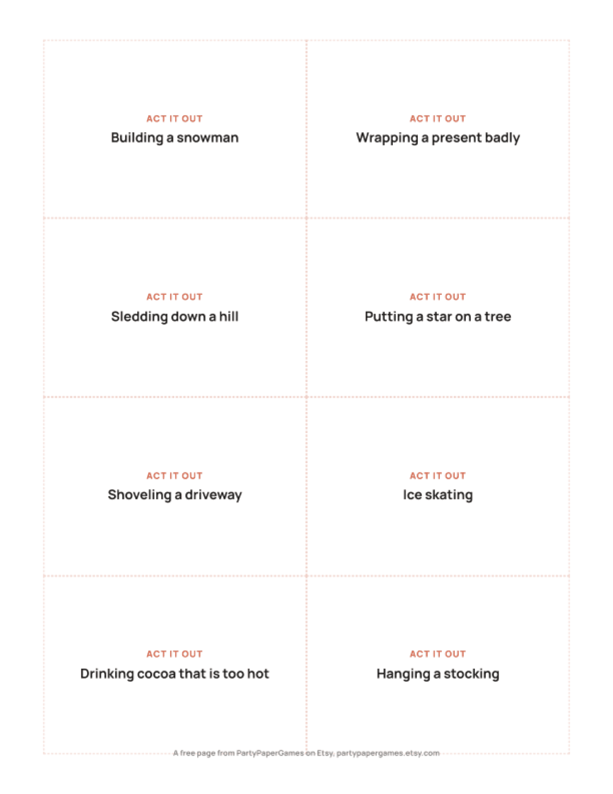 Free Printable Christmas Charades Cards for Kids, the real page out of the Christmas Games for Kids set