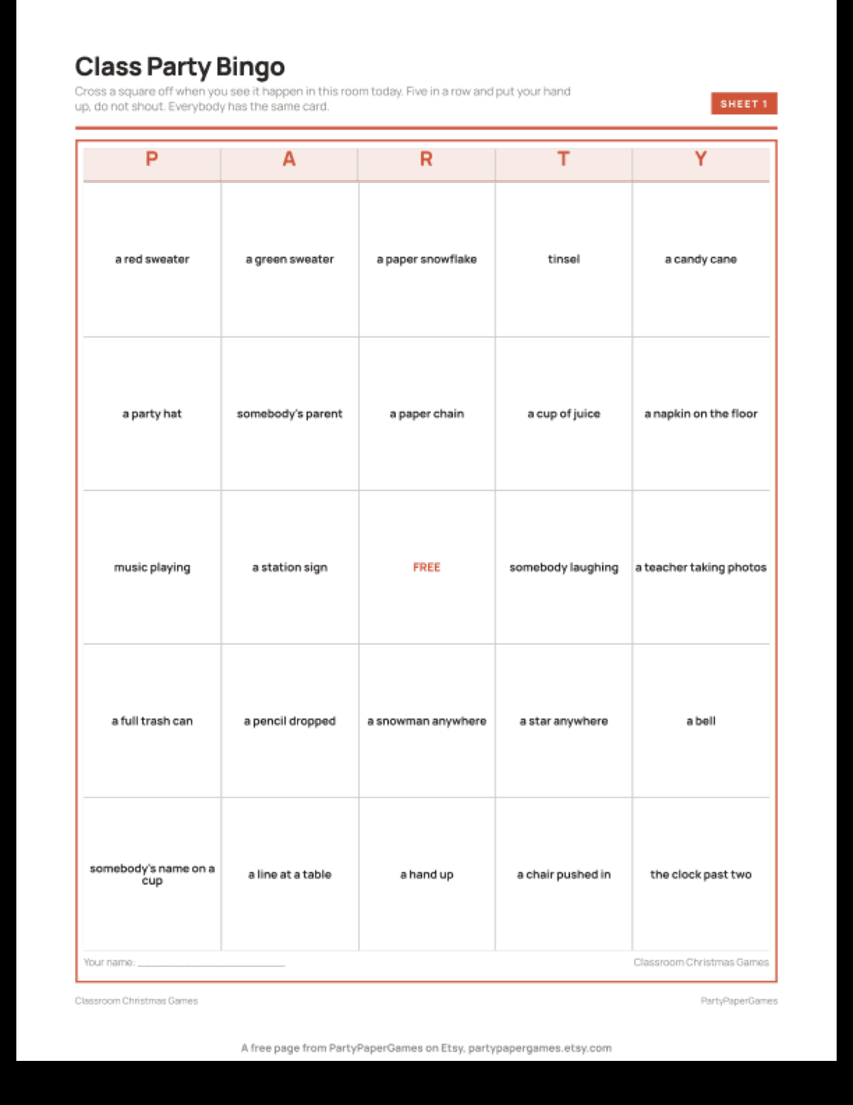 Free Printable Christmas Classroom Party Bingo, the real page out of the Christmas Classroom Party Games set