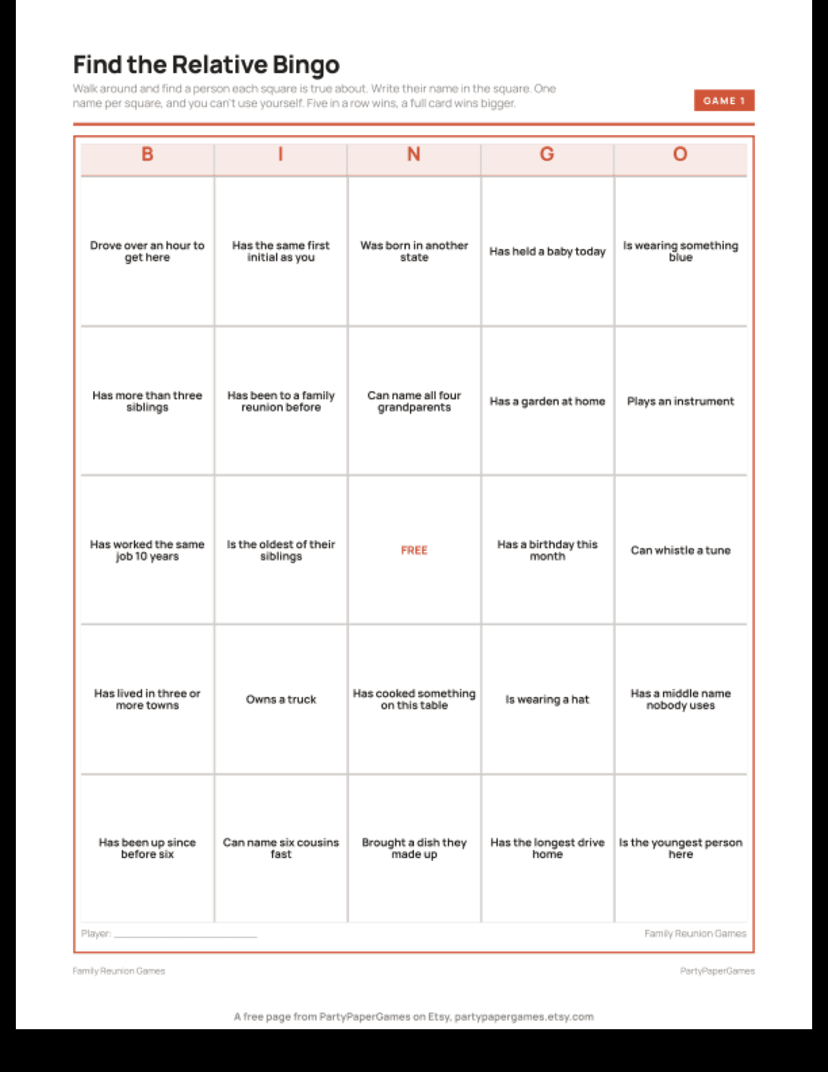 Free Printable Family Reunion Bingo Card