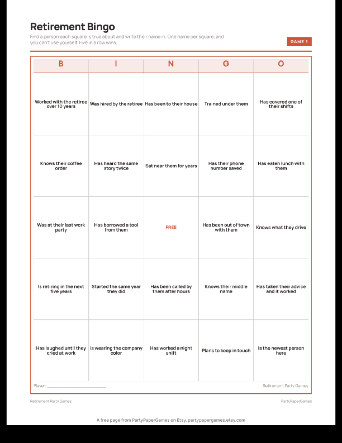 Free Printable Retirement Party Bingo Card