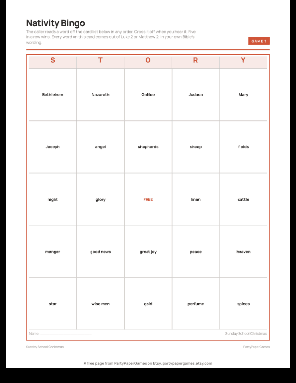 Free Printable Nativity Bingo Card for Sunday School
