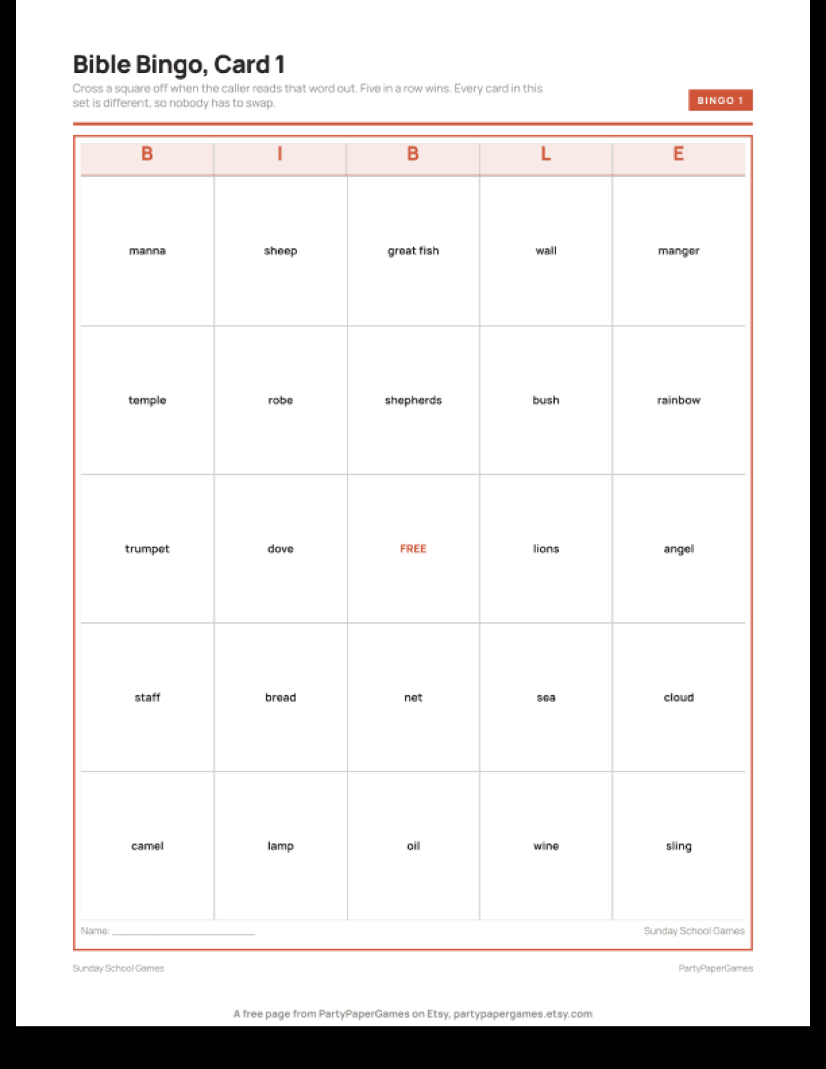 Free Printable Sunday School Bingo Card