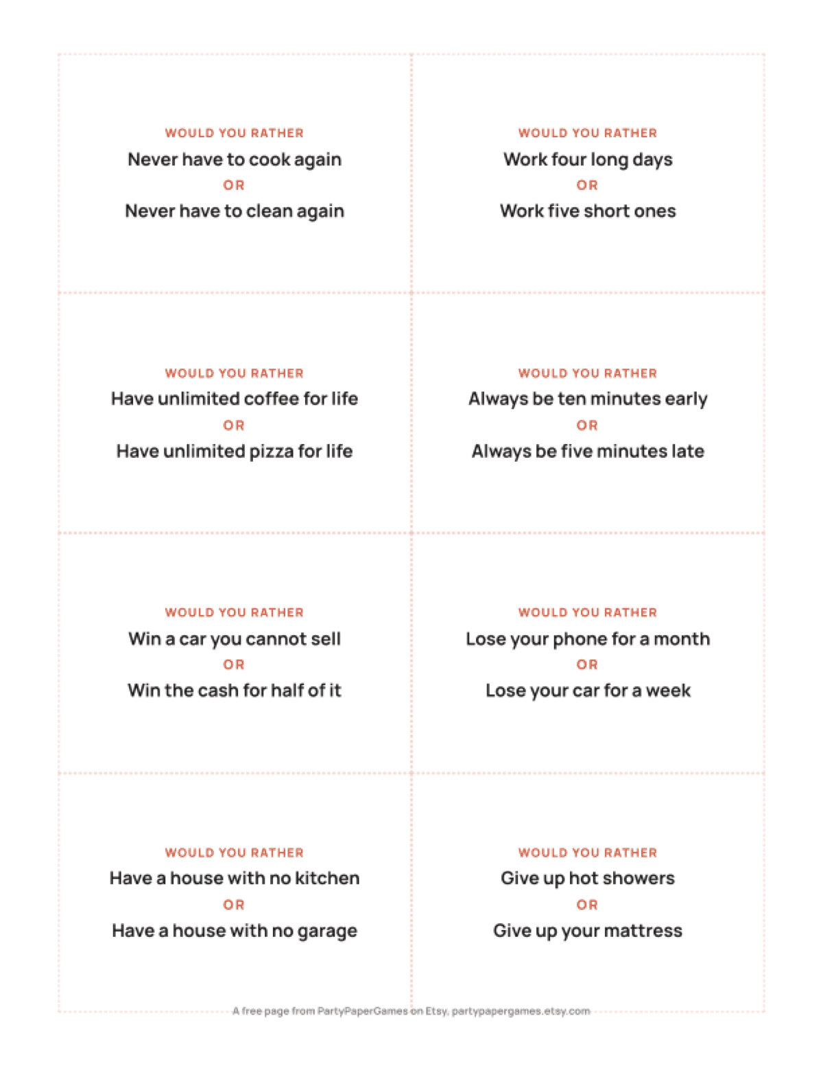 Free Printable Would You Rather Cards for Adults, the real page out of the Would You Rather Cards set