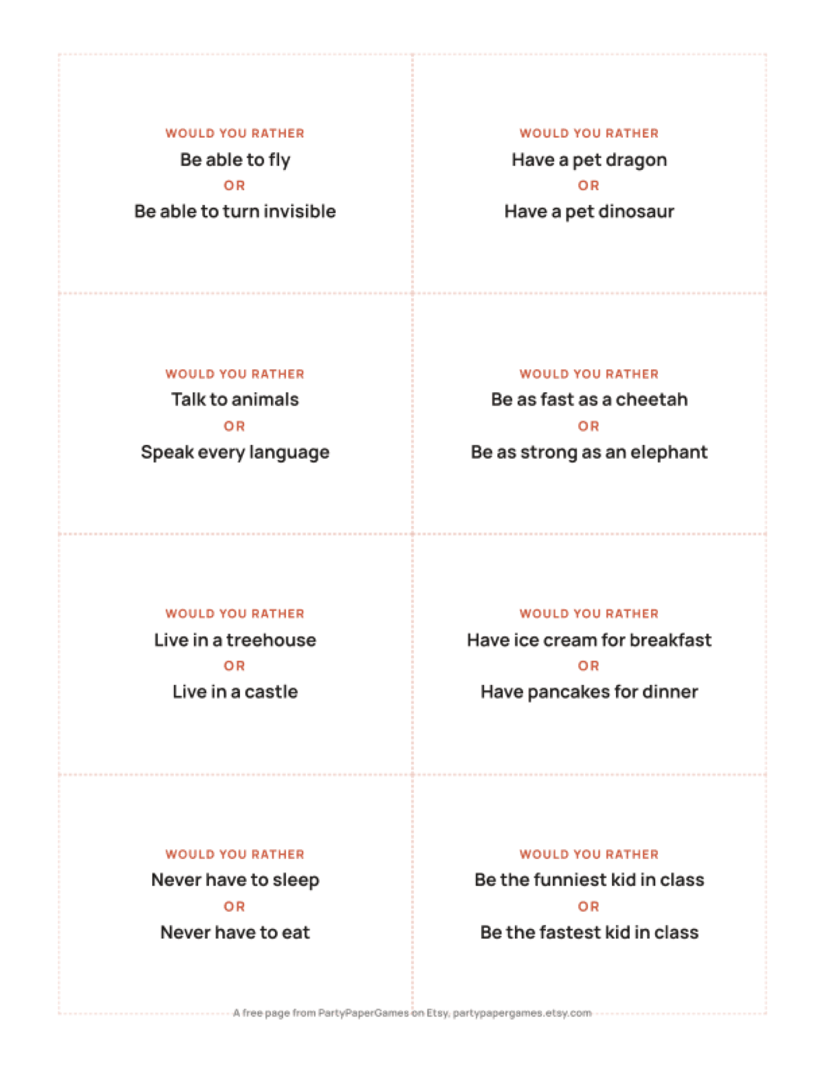 Free Printable Would You Rather Cards for Kids