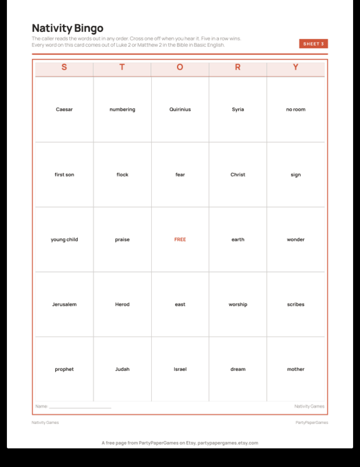 Free Printable Nativity Bingo Card, the real page out of the Nativity Games set