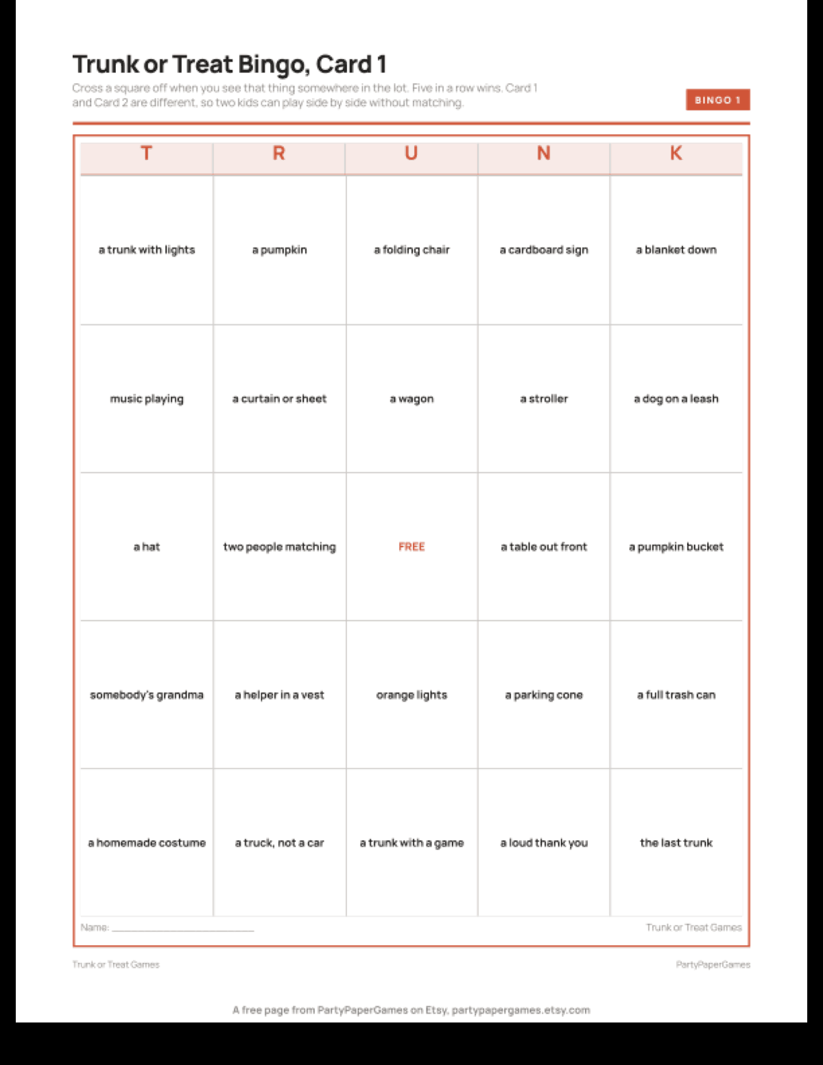 Free Printable Trunk or Treat Bingo Card, the real page out of the Trunk or Treat Games set