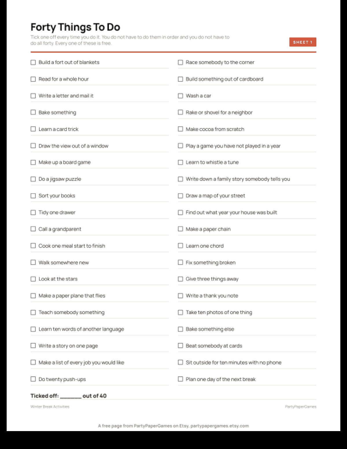 Free Printable Winter Break Activity List, the real page out of the Winter Break Activities set