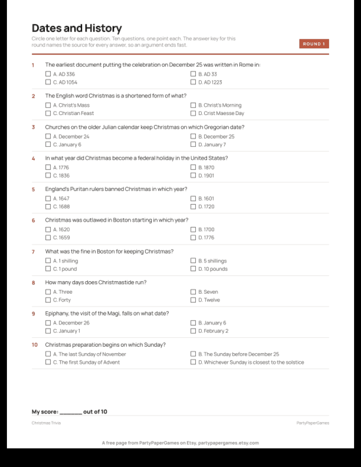 Free Printable Christmas Trivia Questions, the real page out of the Christmas Trivia set