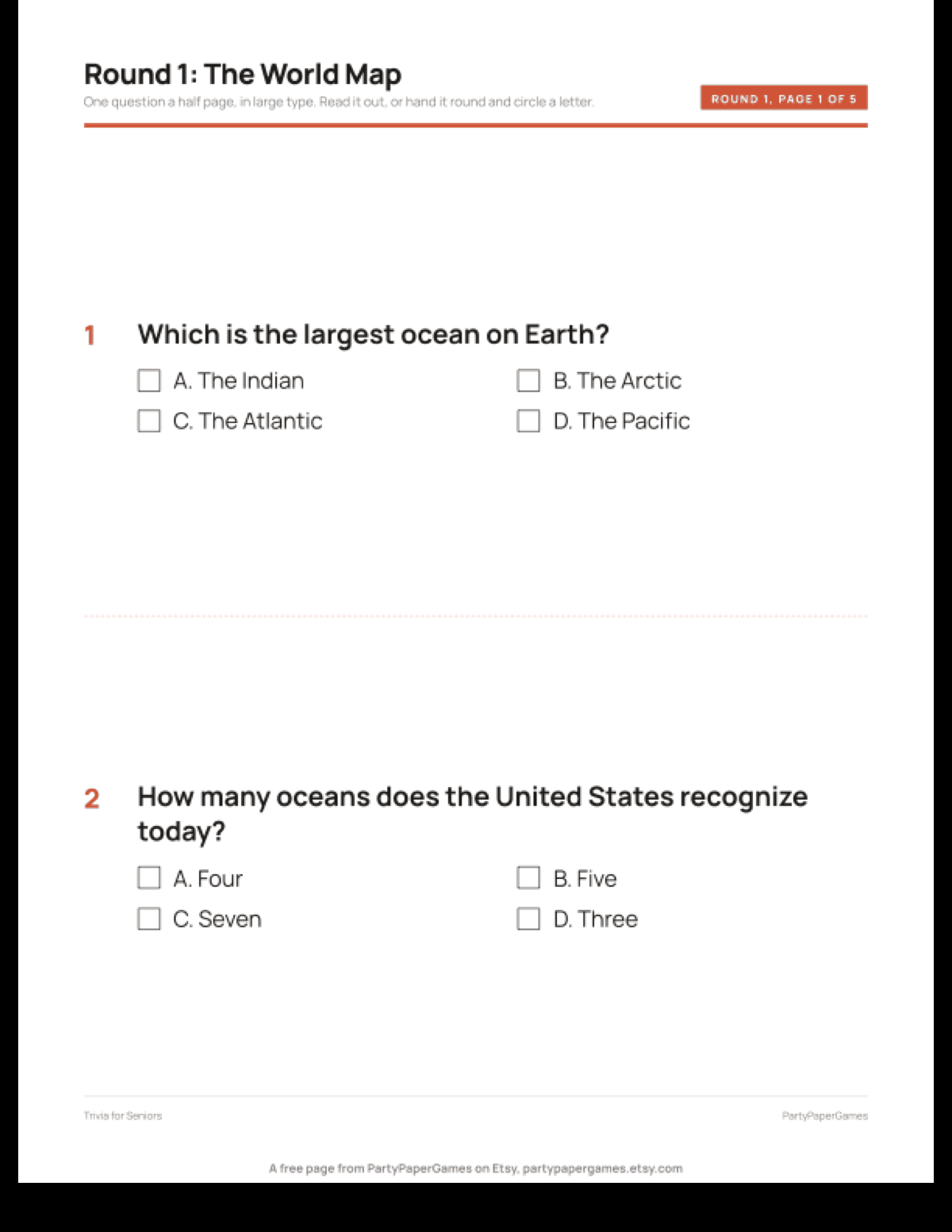 Free Large Print Trivia Questions for Seniors
